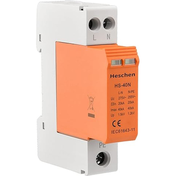 Heschen Surge Protection Device SPD, HS-40N, 275VAC 20KA, 1+NPE, Fireproof, Low Voltage Arrester, 35 mm DIN Rail Mounting