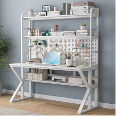Comput Desk with Shelves and Pegboard, Solid Wood Large Workstation Desk, Modn, Home Office Desk (35