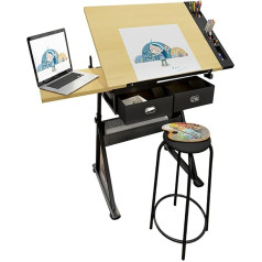 Aioneer Extra Large Wooden Drawing Table, Artist Drawing Table with Height Adjustable and Tilting Large Table Top, Two Drawers for Reading, Writing, Workplace for Crafts