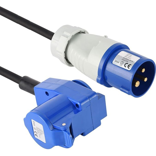 Electraline 46149, Extension Industriel - 10 m Cable RN-F - Rubber Hose Cable - IP44 Outdoor Use / 1 Industrial Cold Appliance Socket + 1 Schuko Socket 3-Pin Plug Suitable for Caravan