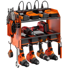 CCCEI Set Power Tool Organiser Wall Mount with Charging Station Garage 4 Drill Storage Rack with Hooks Heavy Duty Metal Tool Battery Charger Organiser Shop Utility Rack with Power Strip Orange