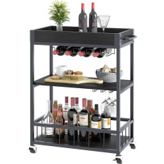 Huhote Drinks Trolley, 3 Tier Bar Cart on Lockable Wheels, Kitchen Serving Wine Cart for 12 Glass Holders and 4 Wine Rack, Cocktail Alcohol Cart for Dining Room, Living Room