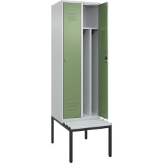 C + P Möbelsysteme C+P | Schwarz-Weiß-Spind Classic Plus Sitzbank | schmal | 2 Abteile | Trennwand verkürzt | lichtgrau/resedagrün | B 600 mm | Zylinderschloss | untergebaut | Kunststoff
