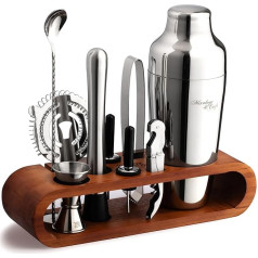Mixology & Craft Cocktail Set (10 Pieces) – Elegant Cocktail Shaker Set with Shaker Made of Stainless Steel and Bar Accessories in Mahogany Wooden Stand – Decorative Gift Set – Silver