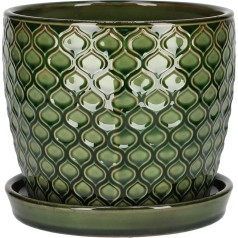 KOTARBAU® Ceramic Flower Pot Planter for Plants Diameter 17 cm Green Vintage with Drip Tray Fish Scale Pattern