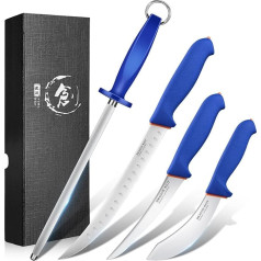 DRAGON RIOT Meat Knife Set, Extremely Sharp, Chef's Knife Set Includes a Professional Boning Knife, a Blue Meat Knife, a Butcher Knife and a Sharpening Steel, Knife Set for Meat and BBQ