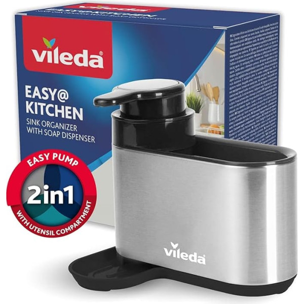 Vileda Sink Organiser with Washing Up Liquid Dispenser Stainless Steel - Free-Standing Sponge Holder Kitchen - Sink Organiser with Soap Dispenser for Sponges & Brushes - Durable & Rustproof