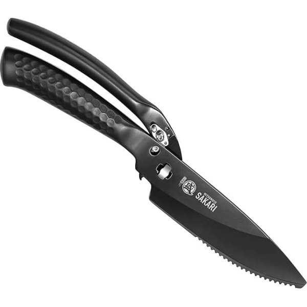 MITSUMOTO SAKARI 12cm Japanese Kitchen Scissors, Black Titanium Coated Heavy Duty Kitchen Scissors, Multipurpose Stainless Steel Poultry Scissors for Chicken, Meat, Bone, Fish