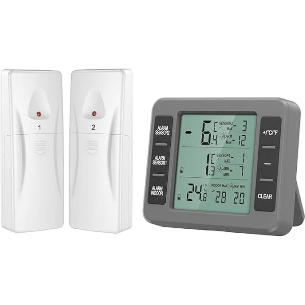 Ankilo Fridge Thermometer, Digital Thermometer with 2 Sensors, Freezer Thermometer Wireless with LCD Display, Temperature Alarm, Min/Max, Temperature Tester for Home, Grey