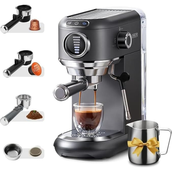 CAFELFFE Espresso Machine with Milk Frother, Portafilter Machine for Hot and Cold Brew Coffee, for Nes* and DG* Capsules, ESE Pads and Coffee Grounds, 7-Level Coffee Quantity Selection, Grey