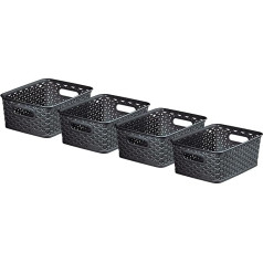 Curver My Style Rattan Effect Storage Baskets 4 Pack Kitchen Living Room Bathroom Bedroom All Purpose Small Rectangle Plastic 4L Charcoal Dark Grey