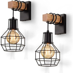 ENCOFT 2 Wall Light Vintage Indoor Wall Lamp Black Industrial Retro Lamp Made of Metal and Wood E27 for Staircase Hallway Cafe Bar Restaurant Hotel Living Room (Light Bulb Not Included)