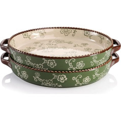 AVLA 2 Pieces Ceramic Cake Pan 9 Inch Round Double Handle Baking Dish 28 Ounce Deep Quiche Plate for Kitchen Cooking Roasting Lasagna (Sakura, Green)