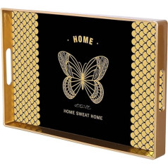 Simmer Stone Decorative Tray, Marbling Plastic with Handles, Rectangular Dressing Table and Serving for Bathroom, Kitchen, Ottoman and Coffee Table, 15.6 x 10.2 Inch (Golden Butterfly)