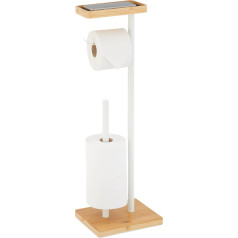 Relaxdays Toilet Roll Holder for 3 Replacement Rolls, Shelf, Bamboo, Metal, 66.5 x 21 x 17 cm, White/Natural