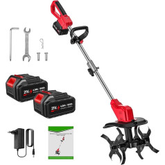 Cordless Ground Hoe, 21 V Electric Garden Tiller with 2 x 4.0 Ah Battery, Double Drum 4 Blades, LED Display, Speed 300 RPM, Width 30 cm, Depth 22 cm, Ergonomic Handle, Cultivator for Vegetable Gardens