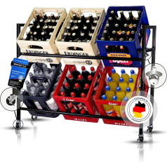 VENDORIA MAX Drinks Crate Rack Black Metal Box Holder for 3 Crates [Box Stand with Wheels] Beer Crate Stand with Bottle Opener Modern Box Stand Box Holder Slim (6 Boxes)