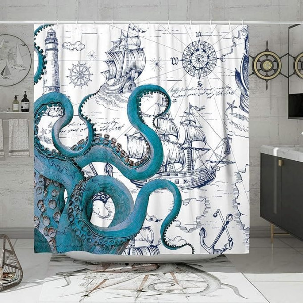 DESIHOM Blue Nautical Octopus Shower Curtain Set, Funny Ocean Octopus Shower Curtains for Bathroom, Beach, Coast, Pirate Map Decor, Polyester Fabric, 72 x 72 Inch