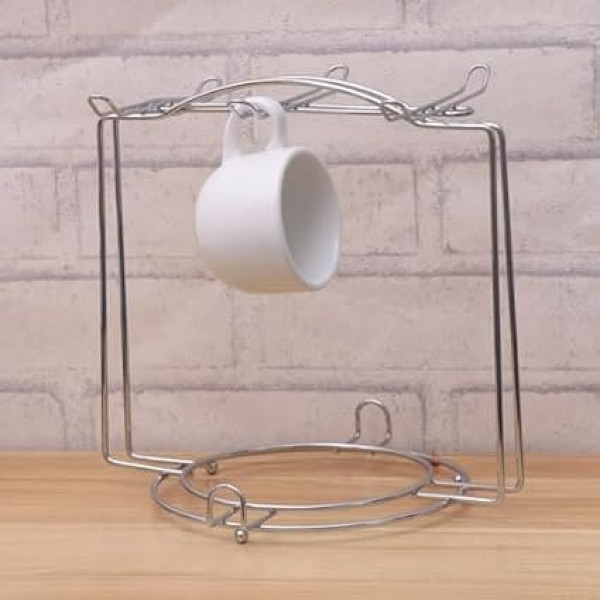 YARNOW Multifunctional Stainless Steel Cup Holder for 6 Cups, Sturdy Base, Silver, 19 x 18 x 16.5 cm, Ideal for Kitchen and Office