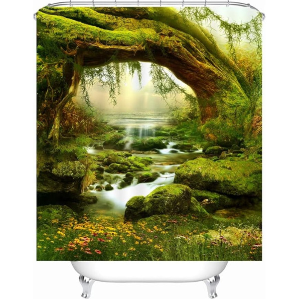 Xlabor Plant Motif Shower Curtain Waterproof Fabric Anti-Mould Includes 12 Shower Curtain Rings Washable Bath Curtain 240 x 200 cm Pattern C