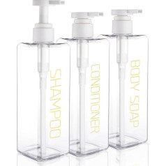 Hokretme Shampoo- und Spülungsspender, Duschseifenflaschen, 3 Stück, 550 ml, nachfüllbar, Shampoo-Pump-Flaschenspender, Kunststoff, leerer Körperwaschspender mit permanenten Etiketten für Badezimmer