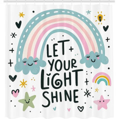 ABAKUHAUS Cartoon Shower Curtain, Rainbow Clouds and Stars with Happy Hopeful Phrase, Fabric Fabric with Hooks, 175 x 200 cm, Pale Teal, Pink Coral
