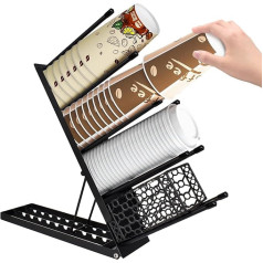 Homirty Cup and Lid Holder, 4 Compartments, Black Cup Rack, Straw Storage Basket, Adjustable Coffee Mug Holder, Coffee Organiser for Worktop, Cafés, Bar, Office, Break Room