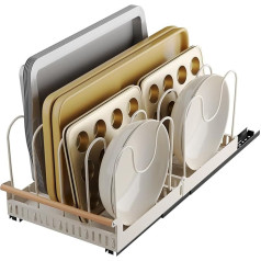 NETEL Pot Lid Holder Drawer, Extendable Pan Organiser, Lid Holder for Cupboard, Pot Organiser with 10 Dividers, Chopping Board Holder, Tupperware Organiser, White