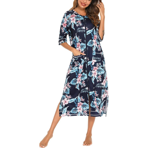 Veseacky Ladies Silk Satin Button Down Short Sleepwear Loungewear Pajama Set S-XXL, H0207-navy flower