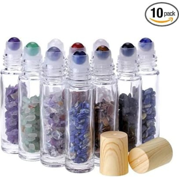 10ml Glass Roller Bottles with Gemstone Rolling Balls, Essential Oils Rolling Bottles, Travel Sample Bottles with Crystal Chips Inside for Oil and Perfume Pack of 10