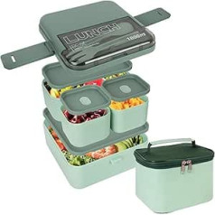 Linkidea Lunch Box with Lunch Bag, Reusable Double Layer with Multiple Compartments and Utensils, Food Box with Leakproof Lid, Microwave/Dishwasher/Freezer Safe (Green)