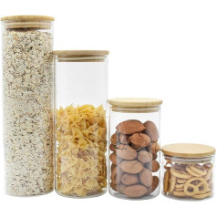Recamania Set of 4 Glass Jars with Bamboo Lids - Kitchen Storage Jars for Storing Cereal, Pasta, Cereals and Much More - 500 ml to 1900 ml