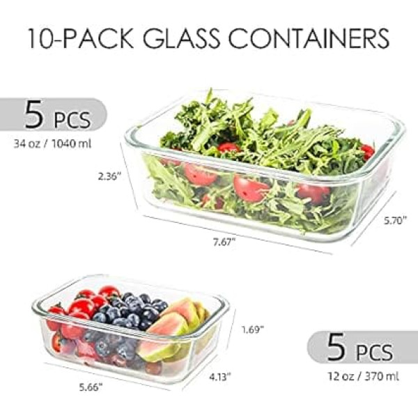 YARYOUNG Set of 10 Glass Food Storage Containers, Storage Containers, Glass Containers with Lid, BPA-Free, Suitable for Microwave, Freezer and Dishwasher