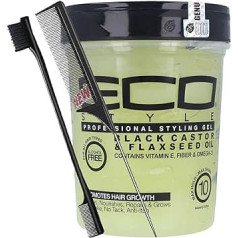 Eco Style Black Castor and Linseed Oil Styling Gel 8oz with Tail Comb and Edge Brush, Maximum Hold and Shine, Strengthening and Moisturising Hair Gel for All Hair Types