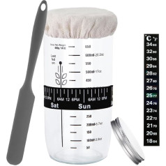 Hniuyun Sourdough Starter Jar Set, 650ml Wide Mouth, Sourdough Starter Jar with Silicone Scraper, Thermometer Strip, Fabric Cover and Metal Lid, Reusable Sourdough Bread Baking Accessories