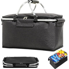 Penbinmall Shopping Basket, Cool Bag, Foldable Cool Bag, Large Insulated Basket, Shopping Basket, Cool Bag, Picnic Basket, Shopping Basket, Carry Basket, Side Support, 2 Handles, Upright Stand (Black)