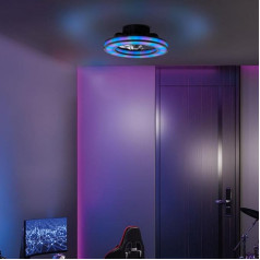 Lightbox LED Ceiling Light with Quiet Fan and RGB Front Light, Diameter 42, Black Ceiling Light, Gaming Lamp, Dimmable, via Remote Control, 26 W, 2700-6500 K, 3100 lm, Made of Plastic
