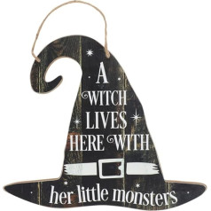 Magical Witch Hat Sign - 30cm x 35cm (Pack of 1) - A Witch Lives Here with Her Little Monsters - Whimsical MDF Hanging Decoration - Perfect for Halloween and Everyday Charm