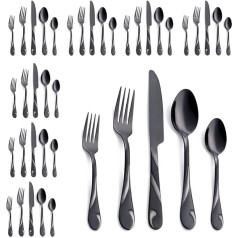 Seeshine Black Cutlery Set for 8 People 40 Piece Stainless Steel Cutlery Set Shiny Black Metal Cutlery Set Including Fork, Knife and Spoon Set Dishwasher Safe