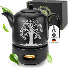YC Yang Chai YC TREE Teapot with Warmer - Ceramic Black Matt 1.3 L - Teapot with Strainer Insert - Drip Free & Heat Resistant - Handmade Ceramic Tea Pot - Long-Lasting Heat