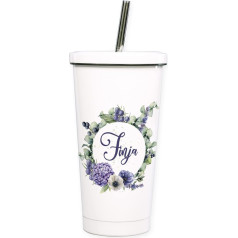 GRAZDesign Reusable Cocktail Cup with Lid, Personalised with Name, Flower Wreath, Eucalyptus, Drinking Cup with Stainless Steel Straw, Ideal Gift