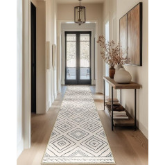 DEFYNEE Runner Rug 60 x 240 cm, Non-Slip, Short Pile, Washable, Foldable, Boho Design - for Hallway, Kitchen, Living Room & Office, Black and White