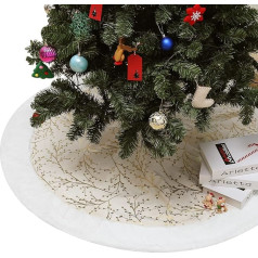 Lewondr Christmas Tree Skirt with Bronze Pattern, 48 Inch Round Christmas Tree Skirt, Christmas Tree Stand Carpet Made of Soft Velvet for Home, Christmas Party, Christmas Tree - Beige & White