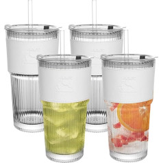 wangsdjy Ribbed Tumblers with Lids, White Cup Sleeve and Glass Straws, Thickened Glass Cup, Vintage Style, Ideal for Iced Coffee, Cocktails, Juices, Family Use and Parties (Pack of 4)