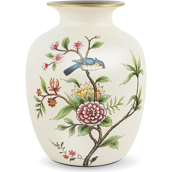 fanquare Chinese Bird and Flower Vase, 20 cm High, Small Ceramic Vase, Green Vintage Vase for Pampas Grass, Dried Flowers, Branches, Office and Bedroom Decoration