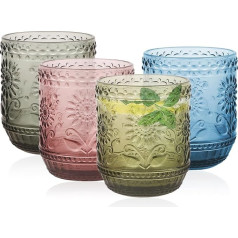 AstraLoom Set of 4 Drinking Glasses 360 ml (12 oz) - Vintage Tumbler with Floral Relief Embossing - High-Quality Heavy Glass Cups for Whisky, Beer, Juice, Wine in 4 Colours