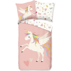 Aminata kids Unicorn Bed Linen 135 x 200 cm Unicorn Motif Girls Cotton Children's Bedding Set with Zip Pink