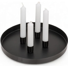 MIJOMA - Round Metal Tray Diameter 25 cm, Ideal for Advent and Everyday Decoration, Powder-Coated, with 4 Magnetic Taper Candle Holders for Candles Diameter 2 cm, Individually Arranged (Black)