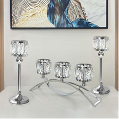 Tea Light Holder with 3 Arms Crystal Bowl Candle Holder Wedding Centerpieces for Tables Crystal Candle Holder Centerpiece Table Decoration (Silver)