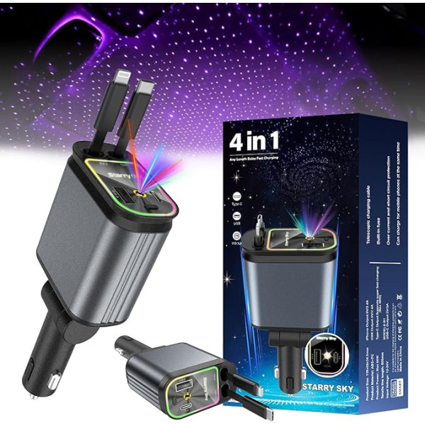 Starry Sky Car Charger 4 in 1 Car Charger Starry Sky Projector Car Mobile Phone Charger Retractable Car Charger USB C Quick Charger Car Accessories (Purple)